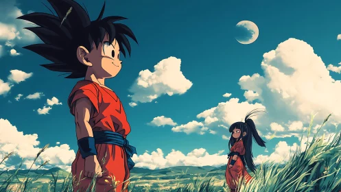 Child warriors trade skywide promises beneath a drifting moon