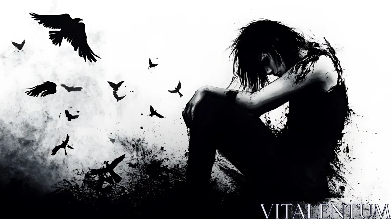 Solitary figure dissolves into crows and abstract ink shadows