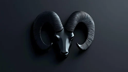 Glossy Black Ram Head Sculpture on Minimalist Dark Background.