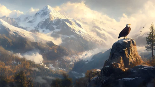 Eagle on foreground rock within snow-covered mountain range.