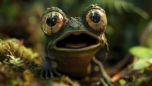 Wide-eyed forest frog discovers the camera with comic awe