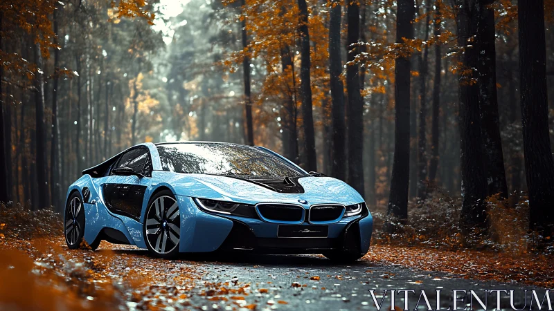 Electric blue sports car stands on wet forest road in autumn