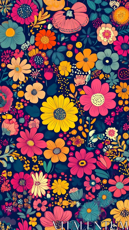 Cheerful Blooming Floral Garden on Vibrant Navy Blue