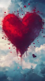 Crimson Heart Dissolving Through Clouds and Sky.