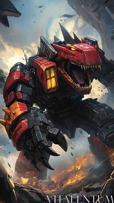 Rampaging mech dinosaur storms a fiery canyon battlefield
