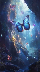 Bioluminescent butterflies traverse misty ravine under volumetric light
