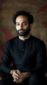 Calm man in black kurta posed against warm backdrop.