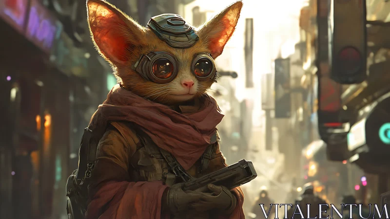 Cyberpunk fox mercenary stands armed in neon city street