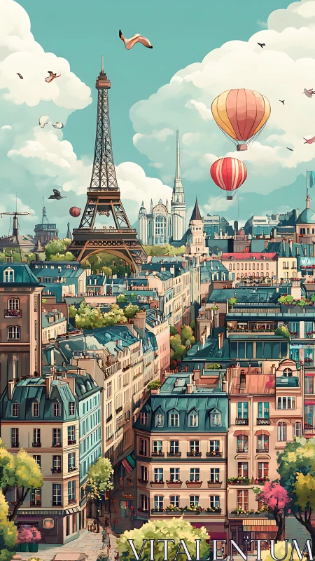 Paris cityscape with Eiffel Tower and hot air balloons.