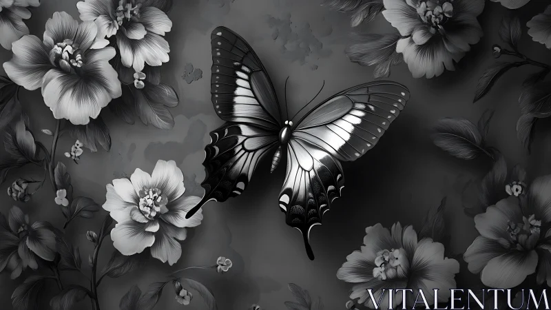 Monochrome butterfly poised amid sculpted floral shadows.