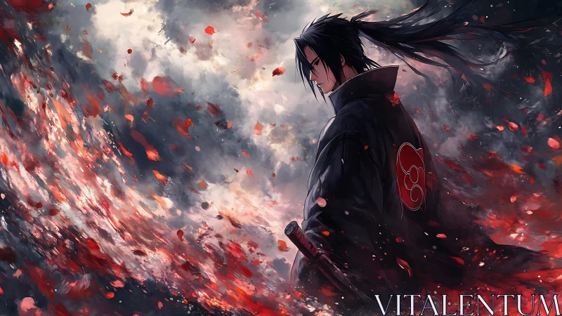 Solitary swordsman in storm of crimson petals and ash