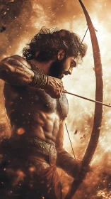 Warrior archer drawing bow amid glowing embers and light.