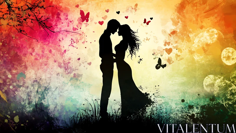 Silhouetted couple kissing in vibrant watercolor landscape.