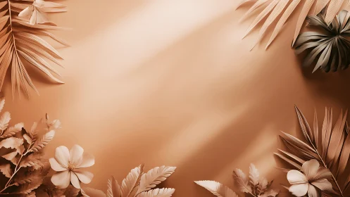 Monochrome tropical leaves framing soft beige background.