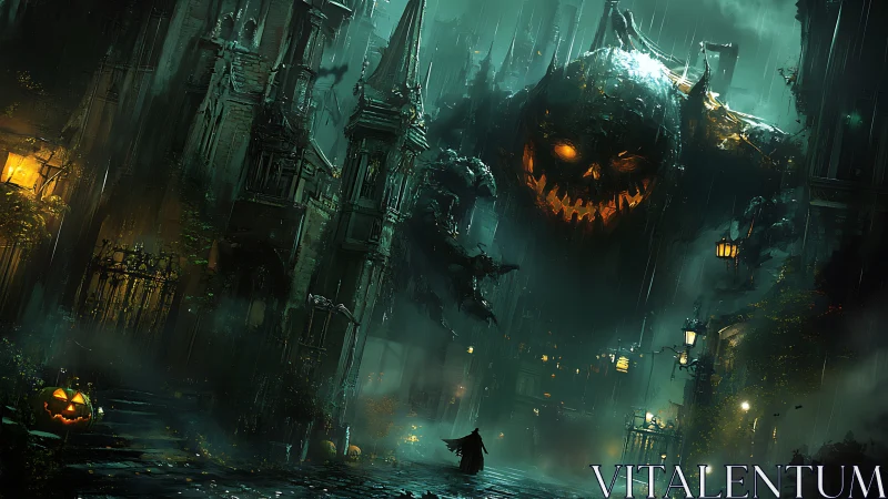 Giant jack o lantern entity over gothic rain soaked street.