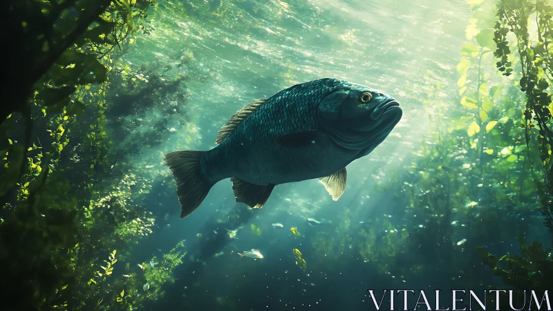 Solitary river titan drifts through sunlit emerald silence