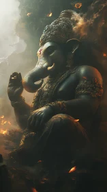Ganesha seated in ember-lit mist, serene amidst swirling fire.