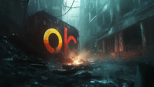 Neon logo glows inside flooded postwar alley ruins.