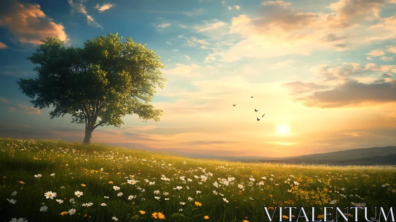 Solitary tree overlooks wildflower meadow at glowing sunset