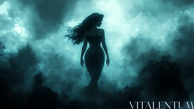 Silhouetted mermaid emerges through bioluminescent ocean mist