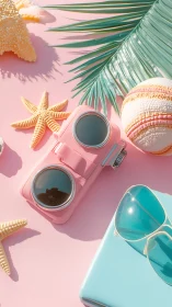 Pastel beach flatlay shows pink camera and summer gear