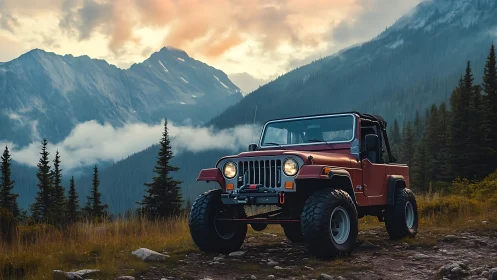 Crimson off road jeep rests beneath misty mountain dawn.