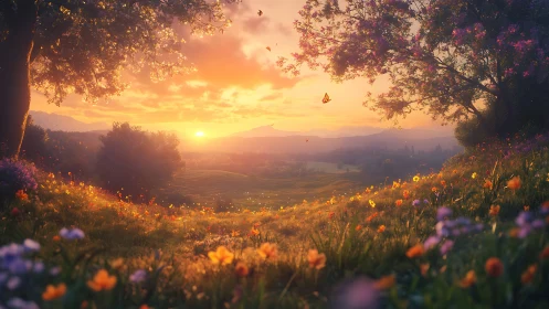 Sun-drunk wildflower valley cradling a golden farewell sky.