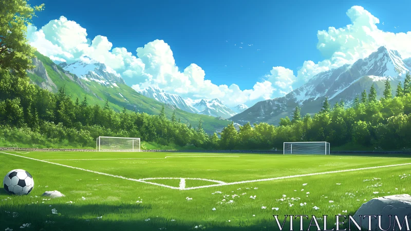 Digital painting of alpine soccer field with panoramic depth.
