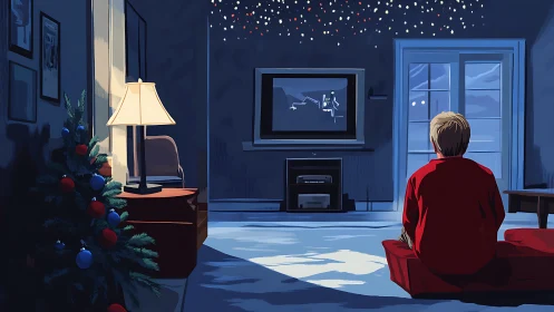 Child observes television in dim living room at night