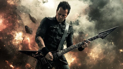 Rock guitarist performs amid explosive cosmic debris