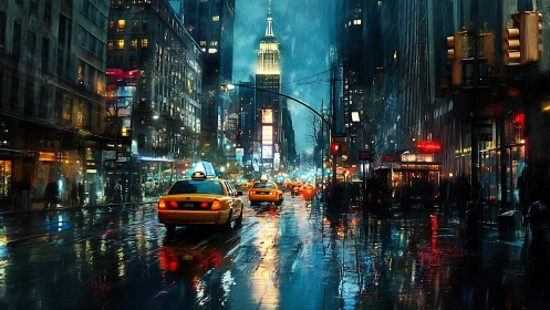 Nocturnal rain-soaked city avenue with luminous taxis.