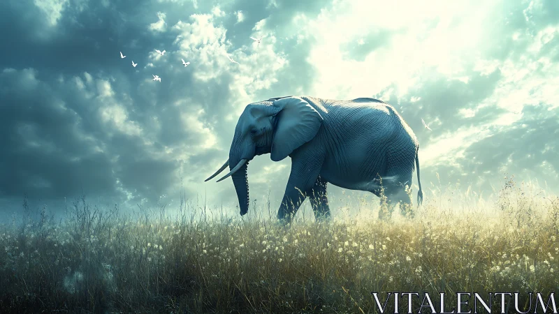 Backlit elephant in atmospheric grassland under volumetric sky.