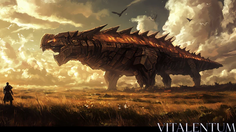 Lone wanderer meets colossal mechanical dragon at dusk.