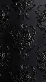 Black baroque damask wallpaper with embossed floral pattern.