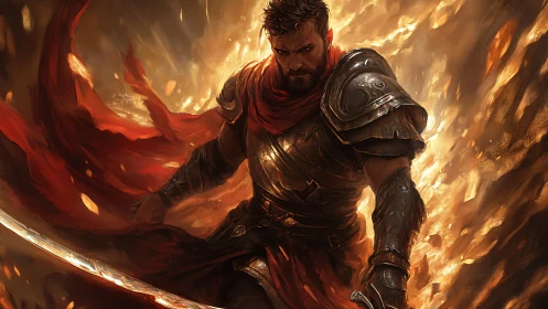 Armored swordsman in red scarf amid swirling firestorm.