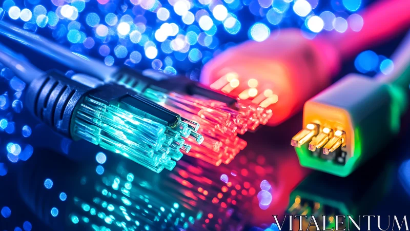 Luminous data cables under bokeh lights in vivid macro view.