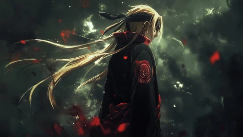 Stormlit anime warrior with flowing hair in red-trimmed cloak.