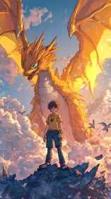 Brave kid and golden dragon sharing a sky high moment.