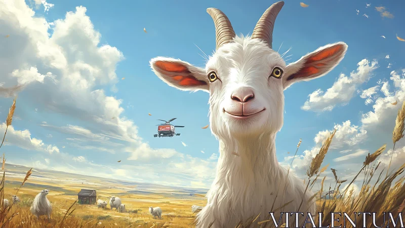 Smiling white goat in sunny wheat field with drone bus.