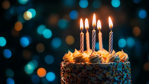 Illuminated Birthday Cake with Spiral Candles and Bokeh Ambient Lighting.