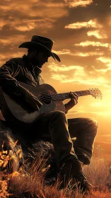 Cowboy silhouette playing guitar under glowing sunset sky.
