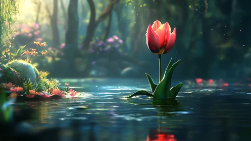 Single tulip emerging from reflective forest pond surface.