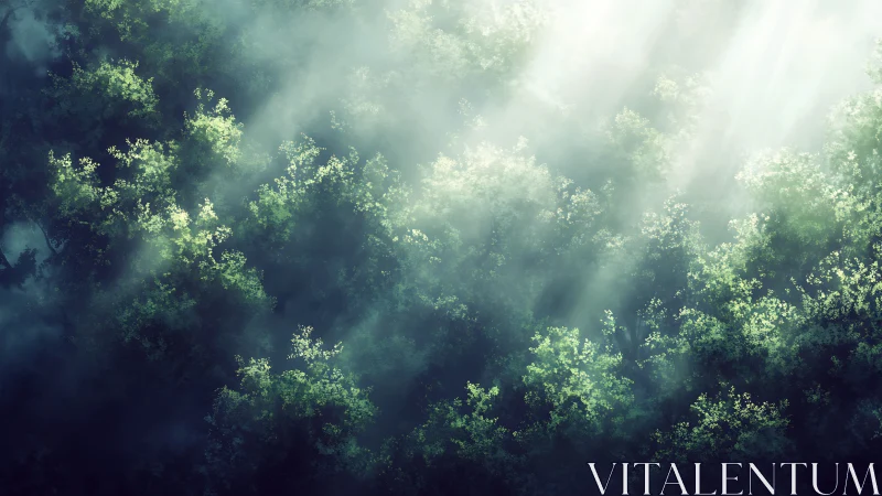 Sunlit forest mist where quiet treetops softly glow.