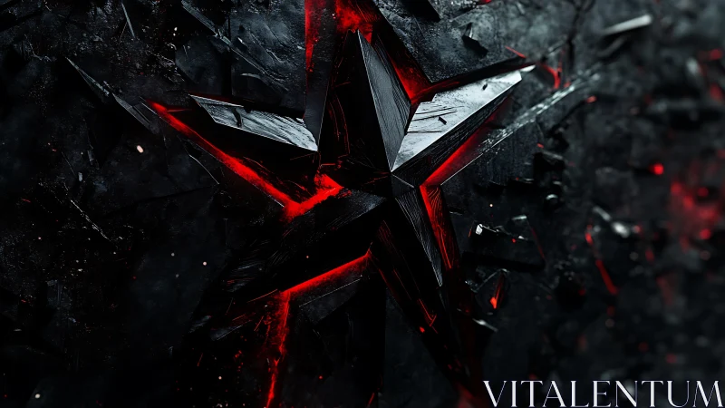 Shattered metallic star emblem with red backlighting and high contrast