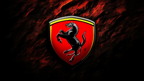 Prancing black stallion vaults from a molten-red shield