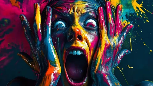 Chromatic scream erupts through neon-splashed painted terror.