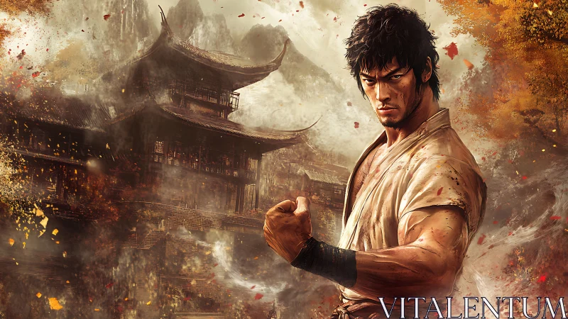 Martial artist guarding misty mountain dojo in autumn storm.