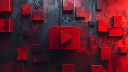Abstract 3D YouTube Play Button on Red and Black Textured Background.