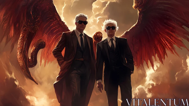 Occult agents in tailored suits under apocalyptic seraphic wings.
