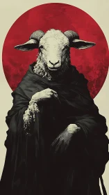 Regal ram in dark robes before a crimson eclipse circle.